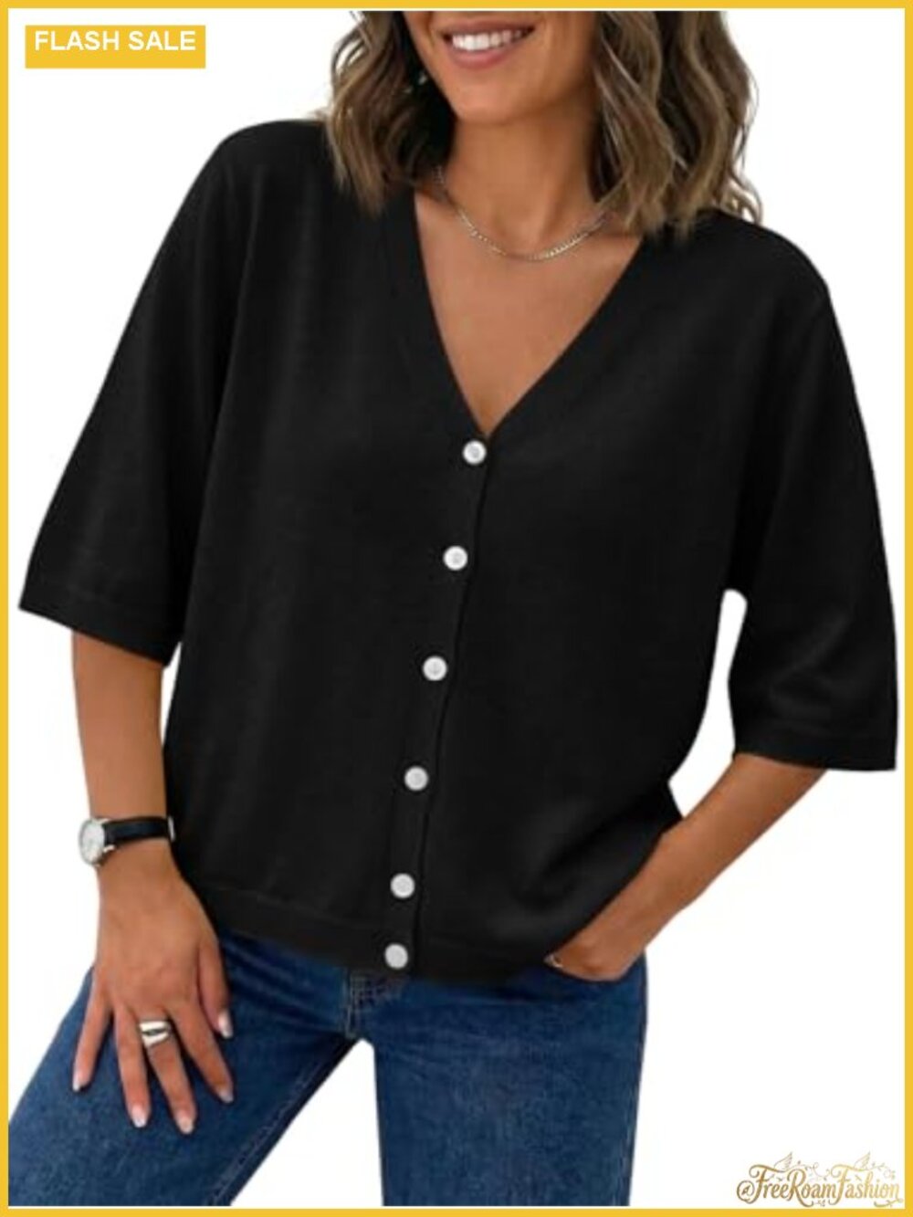 Lightweight V Neck Half Short Sleeve Cardigan Button Down Loose Knit Sweater